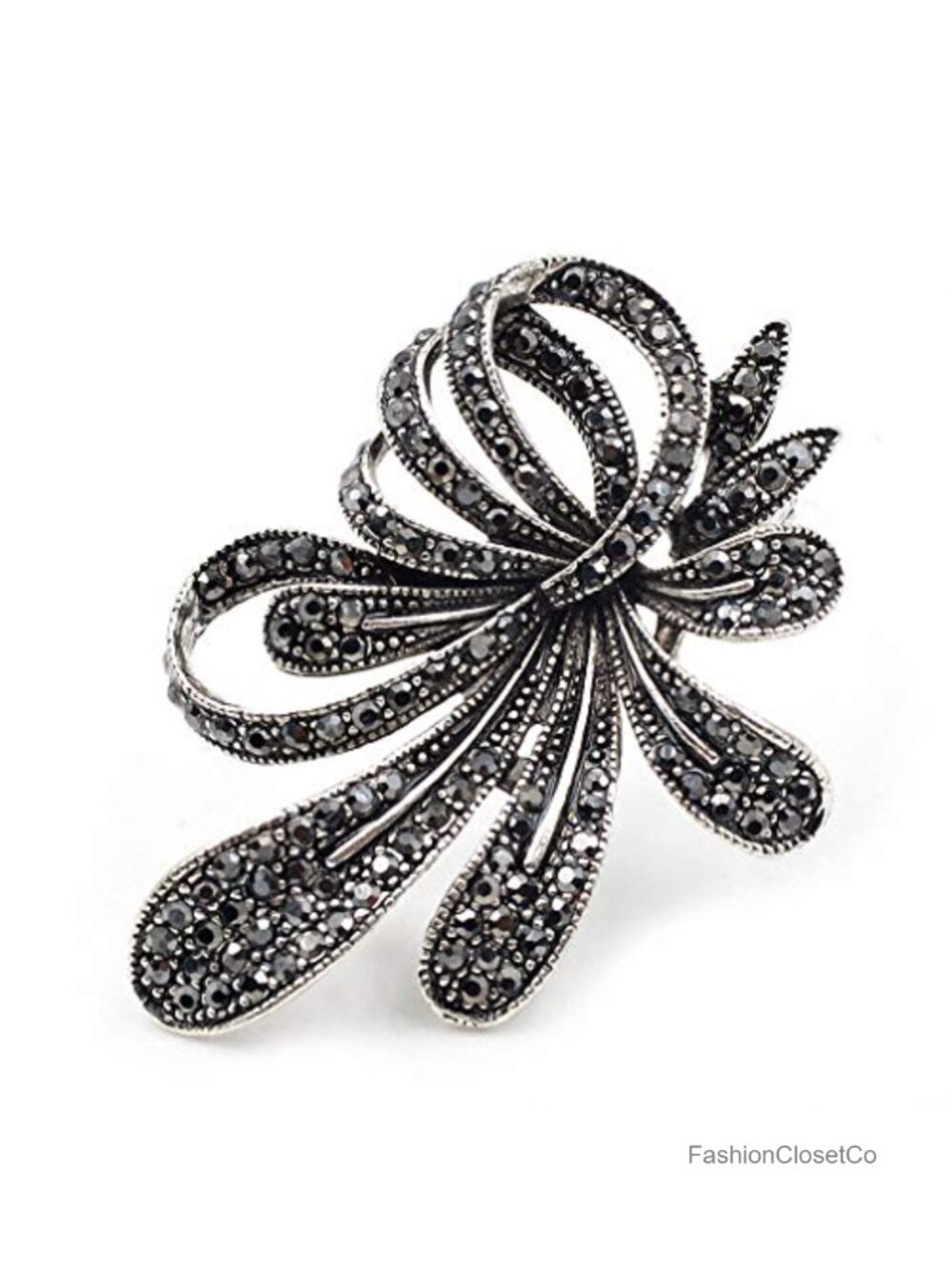 Rhinestone Black Flower Brooch Pin Vintage Antique Silver Elegant Women Jewelry